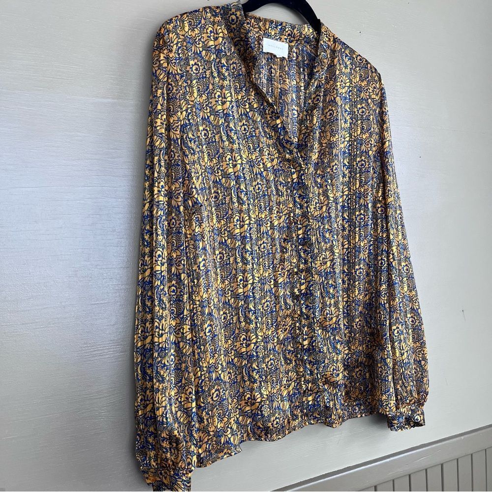 Melloday Floral Metallic Gold Blue Pleated Balloon Sleeve Button Down Blouse